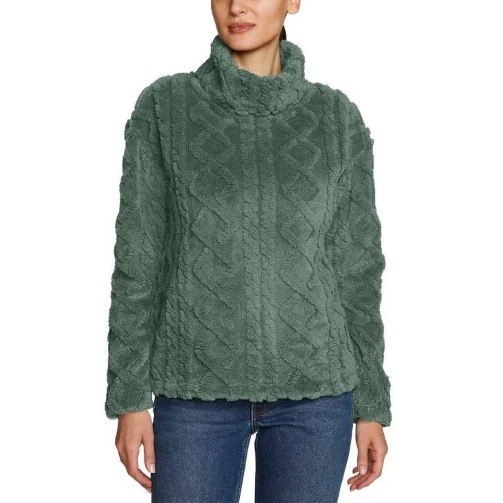 NWT Eddie Bauer Women's M Green Cable Fleece Pullover Polyester Sweater